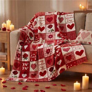 Valentine Flannel Blanket Throw, Plaid Love Hearts Roses Soft Fuzzy 50" x 60"